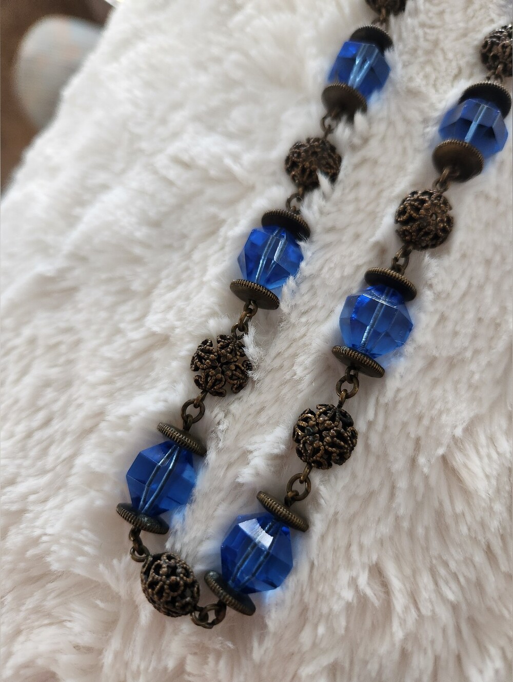 Vintage Blue Glass and Filigree Bead Necklace - Picture 2 of 6